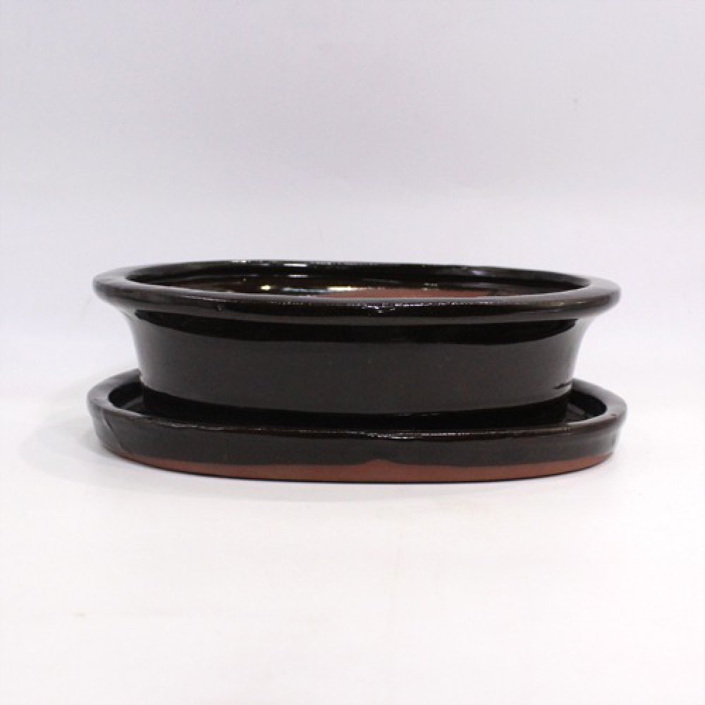 Ceramic Oval Shape Planter Pot With Saucer | Ceramic Brown Planter Pot with Pot Base(Plate) for Table and Home Decor