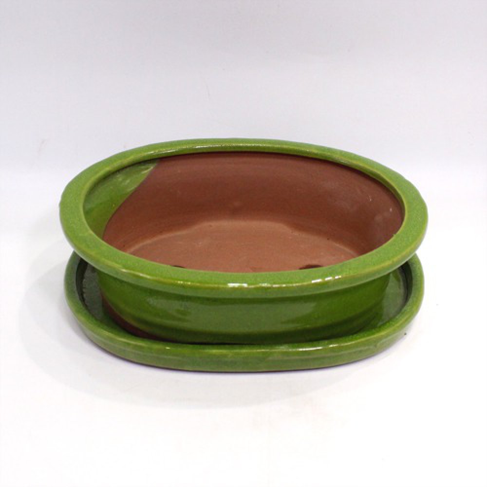 Ceramic Oval Shape Planter Pot With Saucer | Ceramic Brown Planter Pot with Pot Base(Plate) for Table and Home Decor